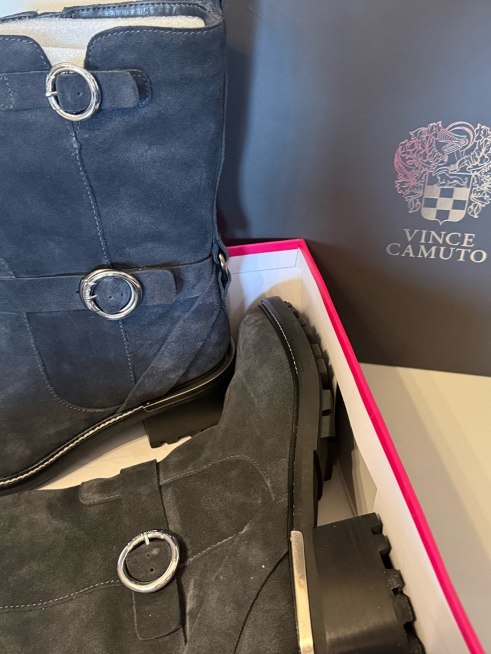 Vince Camuto Black Suede Buckle Lug Boots